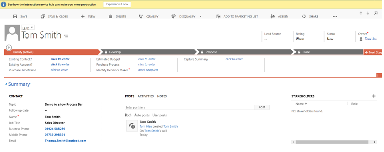 Lead to Opportunity Process Bar in Dynamics CRM.