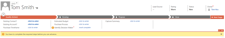 Error message from incomplete task in the process bar in Dynamics CRM.