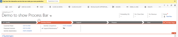 Required field to be complete in the develop process bar in Dynamics CRM. 