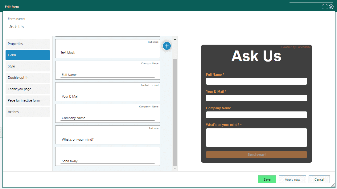 SuperOffice form builder screenshot