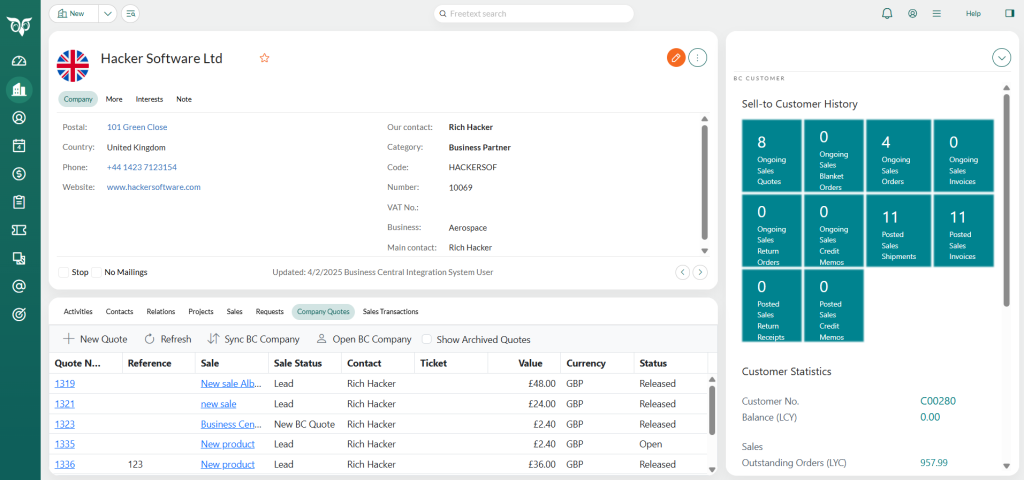 Financial information from Business Central displayed in the side panel in SuperOffice CRM