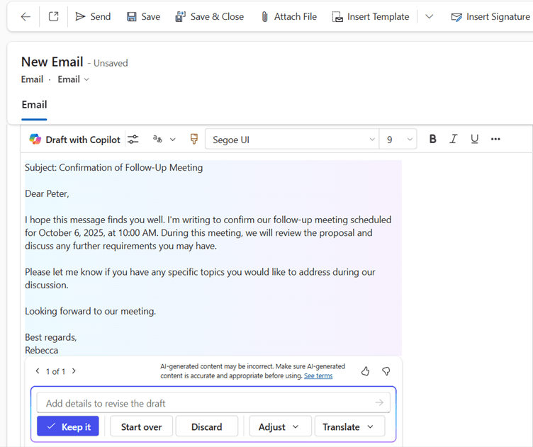 Copilot for Sales smart drafting of Emails 3