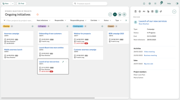 SuperOffice board view projects screenshot