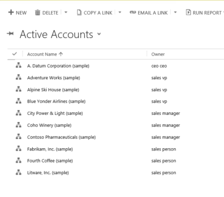 Dynamics 365 Sales Active accounts screen