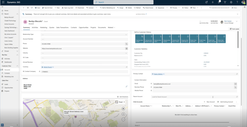 Financial information from Business Central displayed in Dynamics 365 Sales