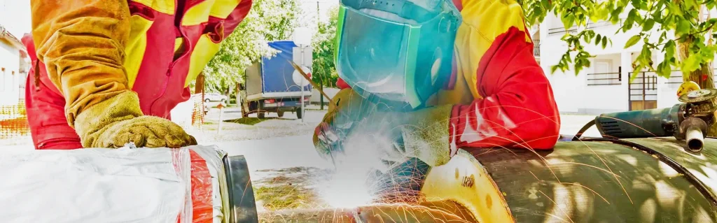 Man with a blowtorch working on a steel pipe.