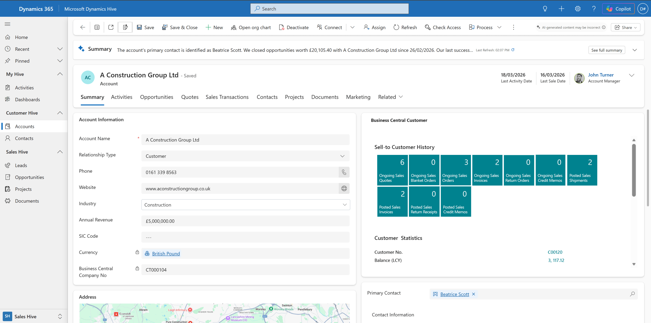 A screenshot showing financial and stock information from Business Central being displayed on an account record in Dynamics Hive