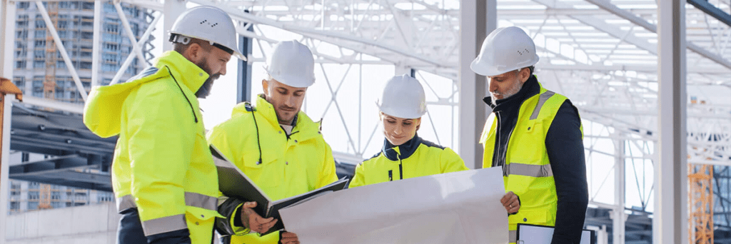 Men on a building site looking at plans