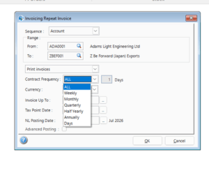 Repeat Invoicing screen showing sequencing and Contract Frequency filtering.