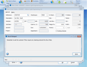 Sales Order Processing example showing the Stock Notepad memo.