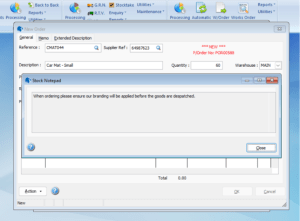 Purchase Order Processing example showing the Stock Notepad memo