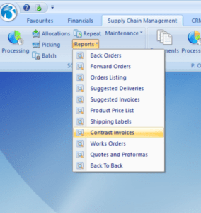 Reports menu showing Contract Invoices under Sales Order Processing