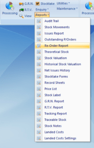 Reports menu showing Re-Order under Stock