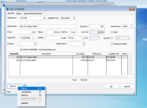 Purchase Order Processing screen showing the Stock option from the Action menu