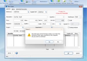Warning message for purchase orders below the minimum order value