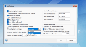 Set Options screen showing supplier on stop warning choices