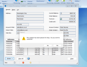 Warning message shown when a supplier is on stop